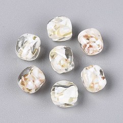 Handgemachte Glasperlen Goldsand, Quader mit Blume, mit Porzellan, Blumenweiß, 12~13x10~11x10~11 mm, Bohrung: 1.2~1.5 mm