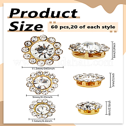 60 Stück 3 Stile Blumen-Legierung Glas Strass zum Aufnähen&nbsp;FIND-LP0008-08
