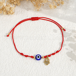Bracelets faits main ajustables en verre bleu œil protecteur avec perles tressées et pendentif main de Hamsa en acier inoxydable&nbsp;KO5639-2