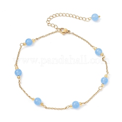 Bracelets de cheville en jade malaisien naturel rond teinté et chaîne en acier inoxydable 304&nbsp;AJEW-AN00701-03