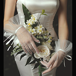 Guanti corti da sposa in pizzo di raso&nbsp;AJEW-WH0473-10