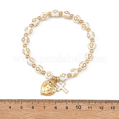 2 Stück 2-farbiges Acrylperlen- & Legierungsemaille-Kreuz- & CCB-Kunststoff-Herz-Stretch-Charm-Armband-Set für Damen&nbsp;BJEW-JB14200