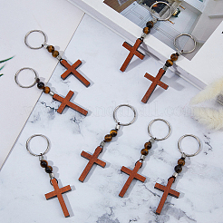20 Stück Holzkreuz mit natürlichem Tigeraugenperlen-Schlüsselanhänger&nbsp;KEYC-DC00073