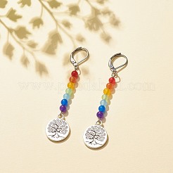 Jade de Malaisie naturel avec alliage arbre de vie longues boucles d'oreilles à levier&nbsp;EJEW-JE04909-05