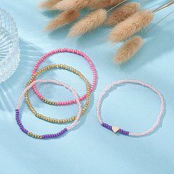 4 Stück 4-teiliges Stretch-Armband-Set aus Messingherzen und Glassamenperlen&nbsp;BJEW-JB09537