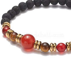 2pcs 2 style roche de lave synthétique et cornaline d'agate rouge naturelle (teinte et chauffée) et ensemble de bracelets extensibles en perles d'oeil de tigre&nbsp;BJEW-JB08698