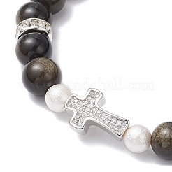 Braccialetti elastici con perle rotonde di ossidiana dorata naturale&nbsp;BJEW-JB11807-01