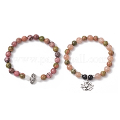 2 bracelet extensible à perles rondes en rhodonite naturelle&nbsp;BJEW-JB11953