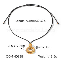 Collier avec pendentif anneau ovale texturé en acier inoxydable 304 et cordon noir ciré tressé ajustable&nbsp;WG26091-01