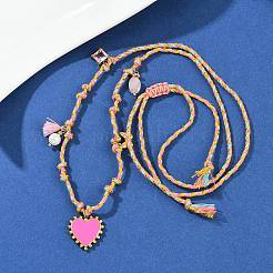 Collane regolabili con ciondolo a forma di cuore rosa in acciaio inossidabile 304 e cordino in cotone&nbsp;NJEW-C093-02G