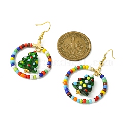 Glasperlenring mit Bunte Malerei-Weihnachtsbaum-Ohrhängern&nbsp;EJEW-TA00231