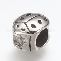 Abalorios europeos de 304 acero inoxidable, Abalorios de grande agujero, con diamante de imitación, mariquita, plata antigua, 11x8x8.5mm, agujero: 5 mm