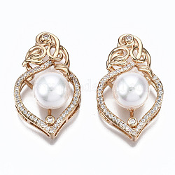 Brass Micro Pave Clear Cubic Zirconia Slide Charms, with White Plastic Imitation Pearl, Light Gold, 30.5x18x12.5mm, Hole: 10x2.5~8.5x1.5mm