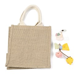 Jute Bag, with Cloth Decoration and Handles, Gifts Bags, Rectangle, Dark Khaki, 35cm, 23x21x15.5cm, Fold: 23x21x1.3cm
