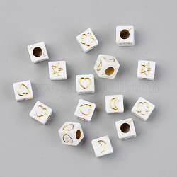 Vacuum Plating Acrylic Beads, Opaque, Cube with Mixed Shaped, White, Golden Plated, 6x6x6mm, Hole: 3mm, 2900pcs/500g