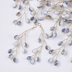 Semillas de vidrio perlas grandes colgantes envueltos en alambre, con alambres de latón chapado en oro, Alice azul, 51~55x11~14x3mm, agujero: 2 mm