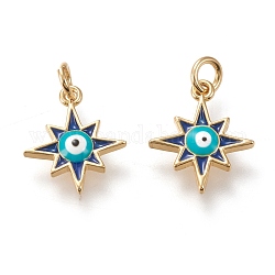 Breloques en laiton, avec émail et anneaux de saut, Plaqué longue durée, étoile avec un mauvais œil, bleu, or, 13.5x11.5x2.3mm, Trou: 2.8mm