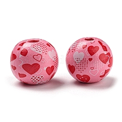 Perles en bois imprimées, perles rondes pour la Saint-Valentin, rose chaud, cœur, 16mm, Trou: 3~4.4mm