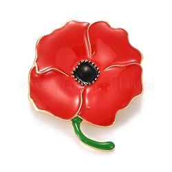 Alloy Brooches, with Rhinestone and Enamel, Remembrance Poppy Flower Badge, Red, 48x38x9mm