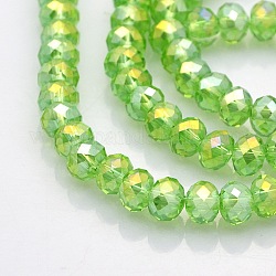 Ab recubierto de color facetado rondelle electrochapa cuentas de vidrio hebras, verde claro, 6x4mm, agujero: 1 mm, aproximamente 85 pcs / cadena, 16 pulgada