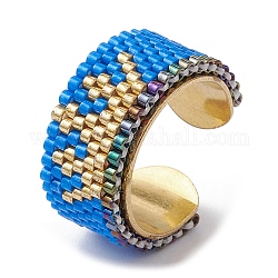304 Stainless Steel Open Cuff Ring with Glass Seed Beaded, Crown, US Size 6 3/4(17.1mm)