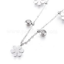 304 aus rostfreiem Stahl Halsketten, mit klaren Zirkonia, Kabelketten und runde Perlen, Blume, Edelstahl Farbe, 16.81 Zoll (42.7 cm)