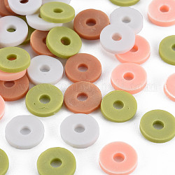 4 couleurs de perles d'argile polymère faites à la main, perles heishi, disque / plat rond, vert jaune & saumon clair & camel & blanc, 8x0.5~1.5mm, Trou: 2mm, environ 11500 pcs/1000 g