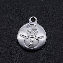 201 Stainless Steel Charms, Christmas Theme, Flat Round with Snowman, Stainless Steel Color, 14x12x1.5mm, Hole: 1.6mm