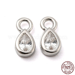 Real Platinum Plated Rhodium Plated 925 Sterling Silver Charms, with Clear Cubic Zirconia, with S925 Stamp, Teardrop, 6.3x3x2mm, Hole: 1.2mm