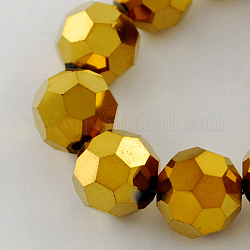 Electroplate Glass Bead Strands, Faceted, Round, Golden Plated, 8x7mm, Hole: 1mm, 72pcs/strand, 21.2 inch