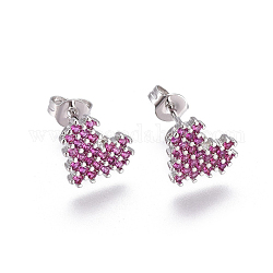 Brass Micro Pave Cubic Zirconia Stud Earrings, with Brass Ear Nuts, Heart, Magenta, Platinum, 8.5x10mm, Pin: 0.7mm