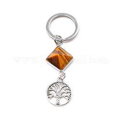 Porte-clés pendentif détachable en forme de pyramide d'oeil de tigre naturel, Breloque arbre de vie en métal pour ornements de sac à clés de voiture, 6.6x2 cm