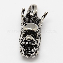 Retro 316 Stainless Steel Pendants, Dragon Head, Antique Silver, 40x15x17mm, Hole: 6mm