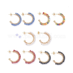 Brass Stud Earring, Half Hoop Earrings, with Glass Seed Beads and Plastic Ear Nuts, Mixed Color, 21.5x24x4mm, Pin: 0.6mm