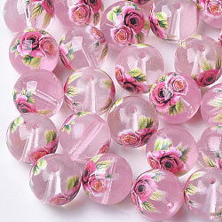 Perles de verre transparentes imprimées et peintes au pistolet, ronde avec motif de fleurs, rose, 8~8.5x7.5mm, Trou: 1.4mm