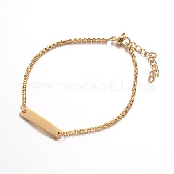 Bracelets d'identification en 304 acier inoxydable, rectangle, avec des chaînes et des pinces à homard, or, 7-1/4 pouce (185 mm), 2mm