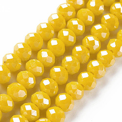 Abalorios de vidrio electroplate hebras, lustre de la perla chapado, facetados, rerondana plana, amarillo, 4x3mm, agujero: 0.4 mm, aproximamente 130 pcs / cadena, 16.54 pulgada (42 cm)