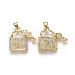 Brass Micro Pave Cubic Zirconia Pendants, Lock with Heart Key, Clear, Real 18K Gold Plated, Lock: 19.5x15x3mm, Key: 11x5x1.5mm, Hole: 3x5mm