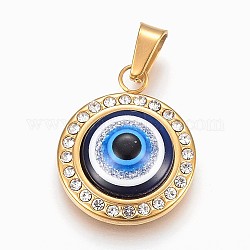 Resin Pendants, with 304 Stainless Steel Rhinestone Findings, Flat Round with Evi Eye, Dodger Blue, Golden, 22x18x6mm, Hole: 4x7mm