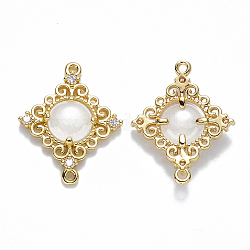 Glass Links connectors, with Eco-Friendly Alloy Open Back Berzel Findings and Clear Cubic Zirconia, Rhombus, Nickel Free, Light Gold, Creamy White, 23.5x19x4.5mm, Hole: 1.2mm