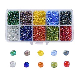 Round Glass Seed Beads, Transparent Colours Rainbow, Round, Mixed Color, 12/0, 4mm, Hole: 1.5mm, 10 colors, 300pcs/color, 3000pcs/box