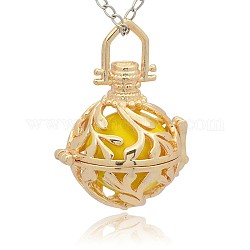 Goldener Ton Messing hohlen runden Käfig Anhänger, ohne Loch lackiert Messing runden Ball Perlen, golden, 36x25x21 mm, Bohrung: 3x8 mm