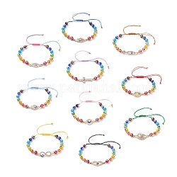 10Pcs 10 Style Lampwork Evil Eye Braided Bead Bracelets Set, Cross & Infinite & Hamsa Hand Crystal Rhinestone Link Bracelets for Women, Mixed Color, Inner Diameter: 1-7/8~3-3/4 inch(4.7~9.5cm), 1Pc/style