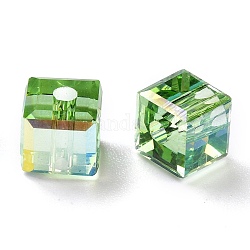Galvanisieren transparente Glasperlen, facettiert Würfel, Regenbogen plattiert, hellgrün, 6x6x6 mm, Bohrung: 1.8 mm