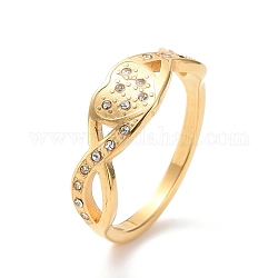 Infinito de rhinestone de cristal con anillo de dedo de corazón, chapado en iones (ip) 304 joyería de acero inoxidable para mujer, dorado, nosotros tamaño 6~9 (16.5~18.9 mm)