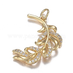 Brass Micro Clear Cubic Zirconia Pendants, Long-Lasting Plated, Feather, Real 18K Gold Plated, 24x18x3mm, Hole: 3.5mm