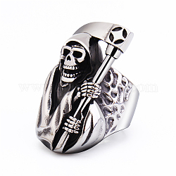 Кольца из титановой стали для мужчин, Хэллоуин череп смерть с серпом широкое кольцо, античное серебро, размер США 10 (19.8 мм)