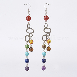 Natural & Synthetic Mixed Stone Dangle Earrings, Chakras Style, with Brass Finding, 125mm, 110x16x8mm, Pin: 0.5mm