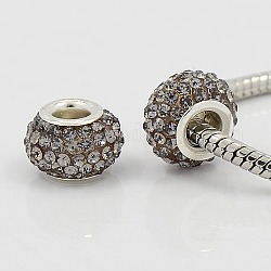 Perline europei Rhinestone del grado A, perline con foro grande, resina, con anima in ottone placcato color argento, rondelle, diamante nero, 15x10mm, Foro: 5 mm