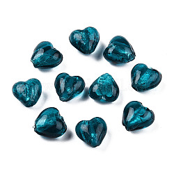 Manuell Silber Folie-Glas Perlen, Herz, blaugrün, 12x12x8 mm, Bohrung: 2 mm